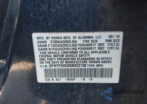2011 Honda Pilot Ex-L from USA, damaged, VIN 5FNYF3H52BB023738